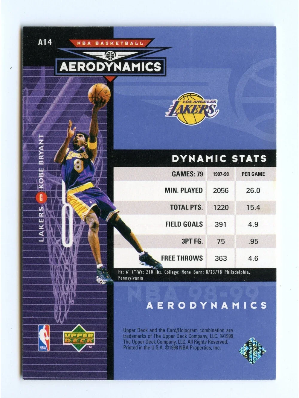 1998-99 Upper Deck Aerodynamics Kobe Bryant #A14